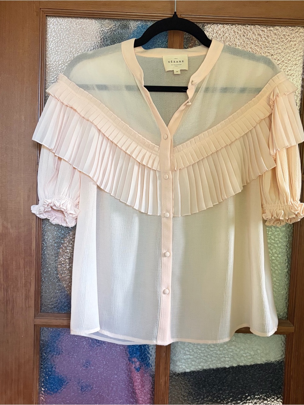Sezane Tomette Pale Pink Pleated Ruffle Button-Up Blouse size 36 - Picture 2 of 4